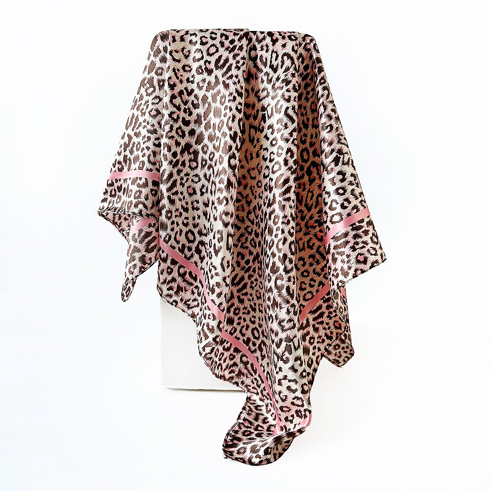 Leopard Pattern Satin Silk Scarf In Pink Featuring Elegant Design