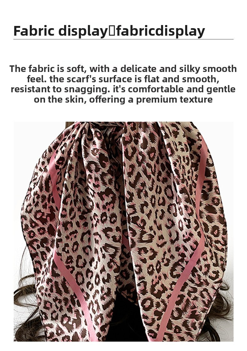 Leopard Pattern Satin Silk Scarf In Pink Featuring Elegant Design