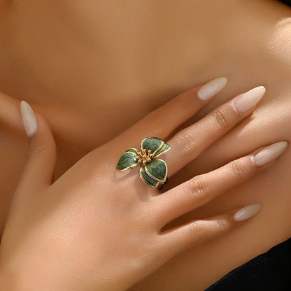 Retro White Metal Open Ring With Enamel Flowers, Perfect For Stylish Wear