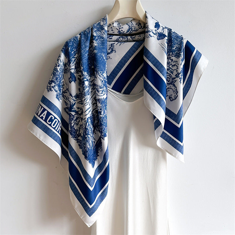 Silk Scarf In Wine Red Featuring Printing And Lines, Made Of Polyester, Perfect For Autumn