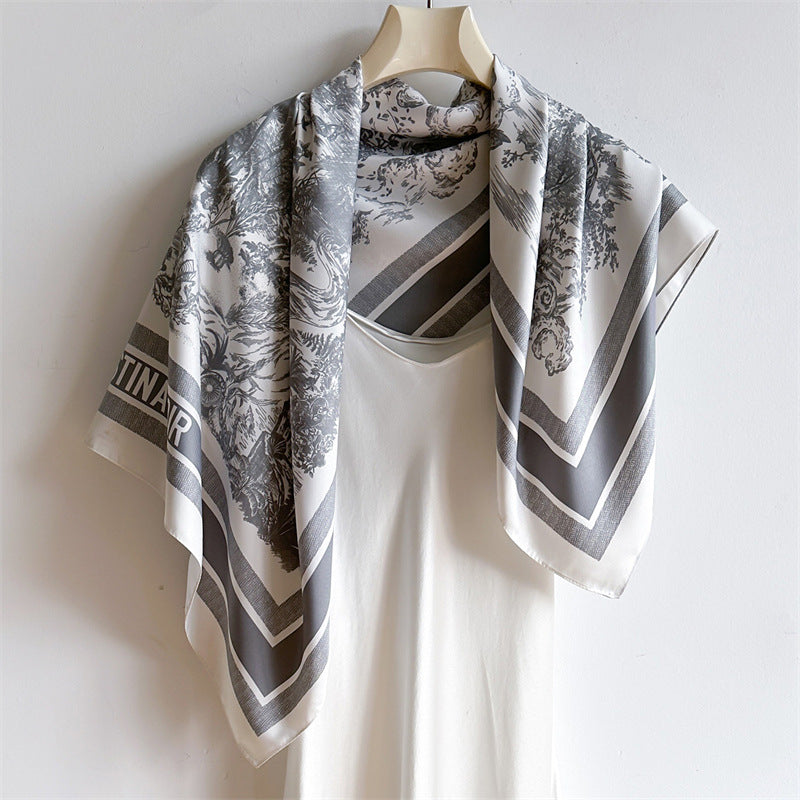 Silk Scarf In Wine Red Featuring Printing And Lines, Made Of Polyester, Perfect For Autumn