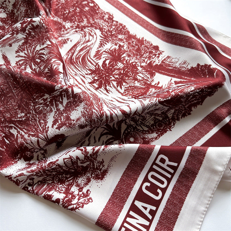 Silk Scarf In Wine Red Featuring Printing And Lines, Made Of Polyester, Perfect For Autumn
