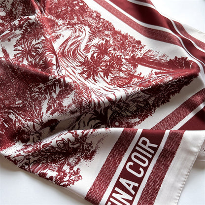 Silk Scarf In Wine Red Featuring Printing And Lines, Made Of Polyester, Perfect For Autumn