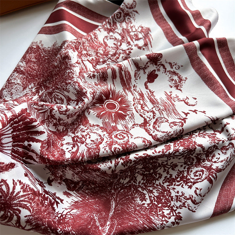Silk Scarf In Wine Red Featuring Printing And Lines, Made Of Polyester, Perfect For Autumn