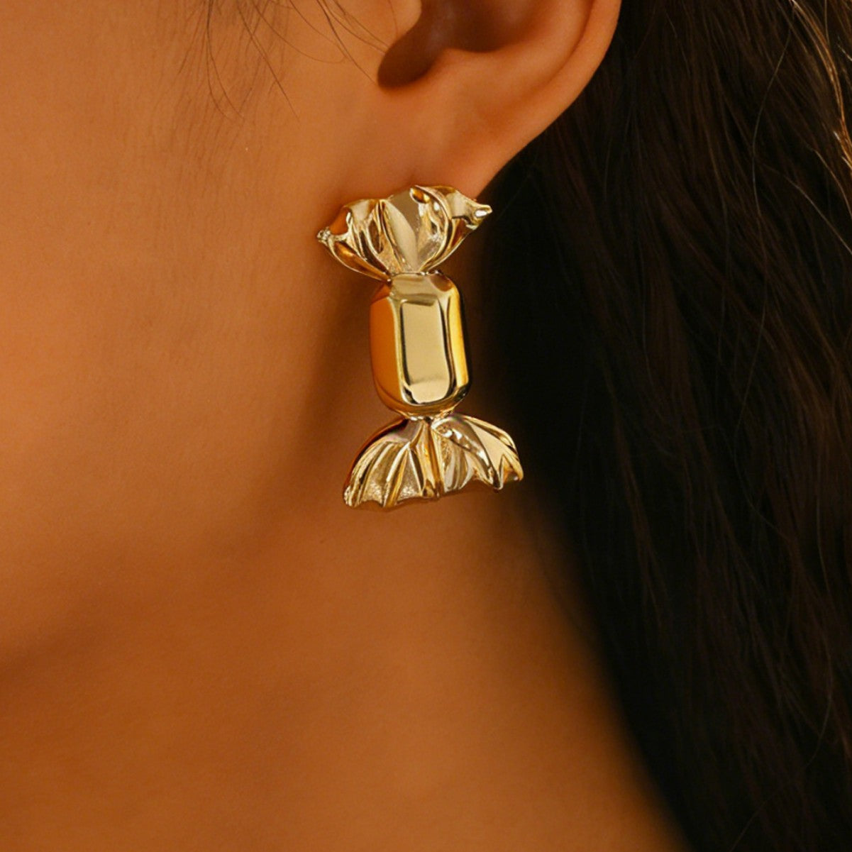 Sweet Candy Stud Earrings For Women In Golden Alloy, Stylish And Charming Accessories