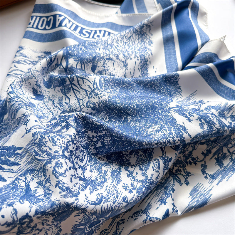 Silk Scarf In Wine Red Featuring Printing And Lines, Made Of Polyester, Perfect For Autumn