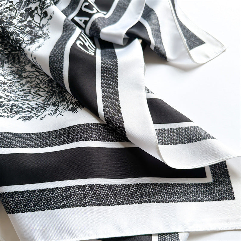 Silk Scarf In Wine Red Featuring Printing And Lines, Made Of Polyester, Perfect For Autumn