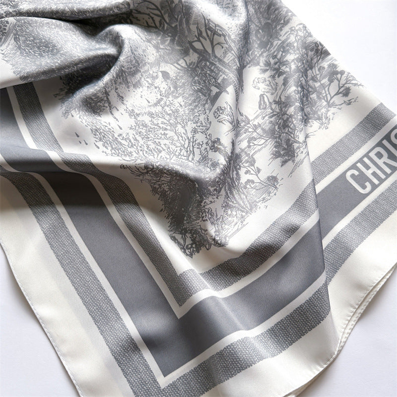 Silk Scarf In Wine Red Featuring Printing And Lines, Made Of Polyester, Perfect For Autumn
