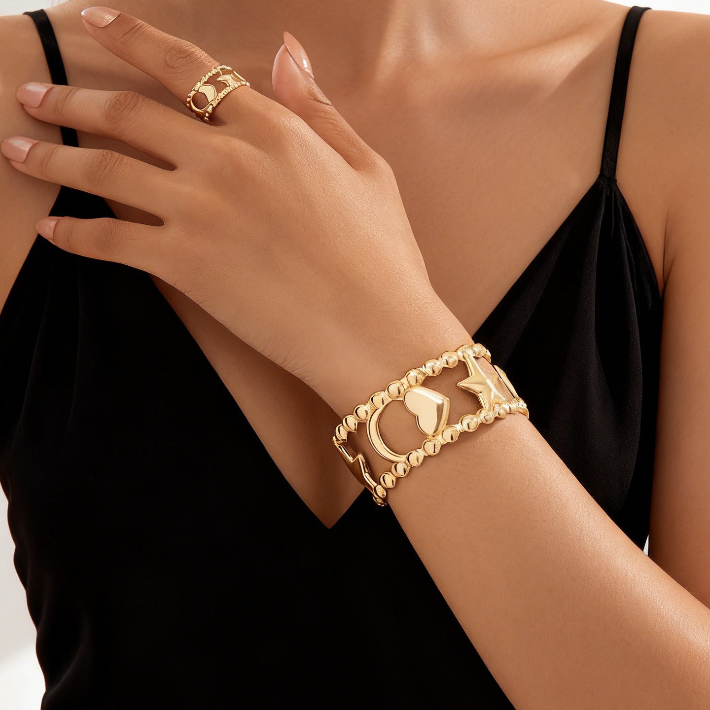 Golden Jewelry Set Featuring Heart Shape Design Made From Durable Alloy