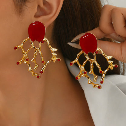 Coral Enamel Alloy Stud Earrings For Women In Golden Color