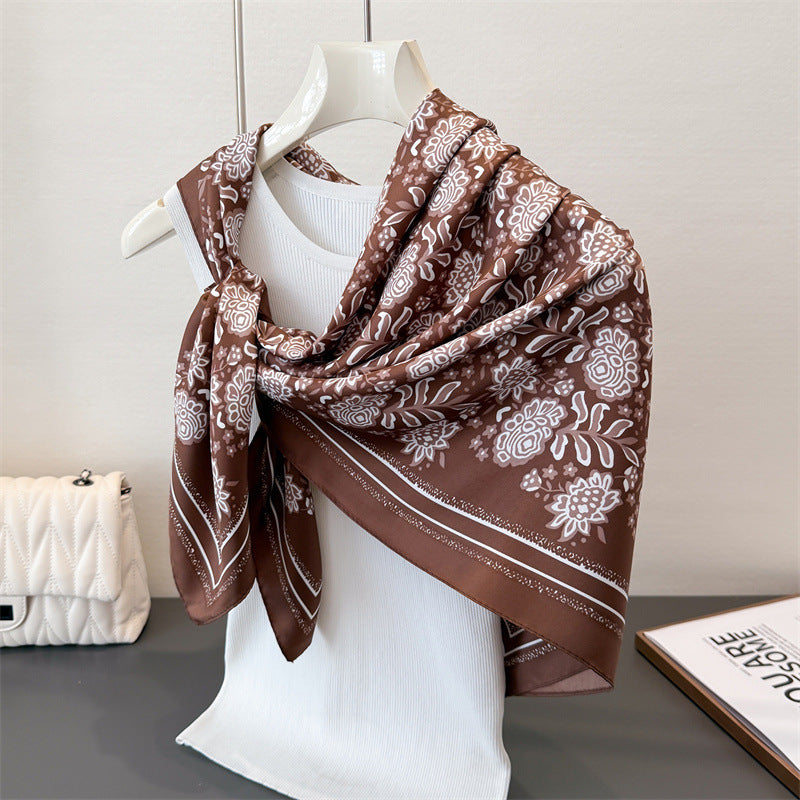 Silk Scarf In Wine Red Featuring Printing And Lines, Made Of Polyester, Perfect For Autumn