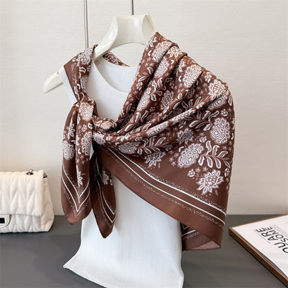 Silk Scarf In Wine Red Featuring Printing And Lines, Made Of Polyester, Perfect For Autumn