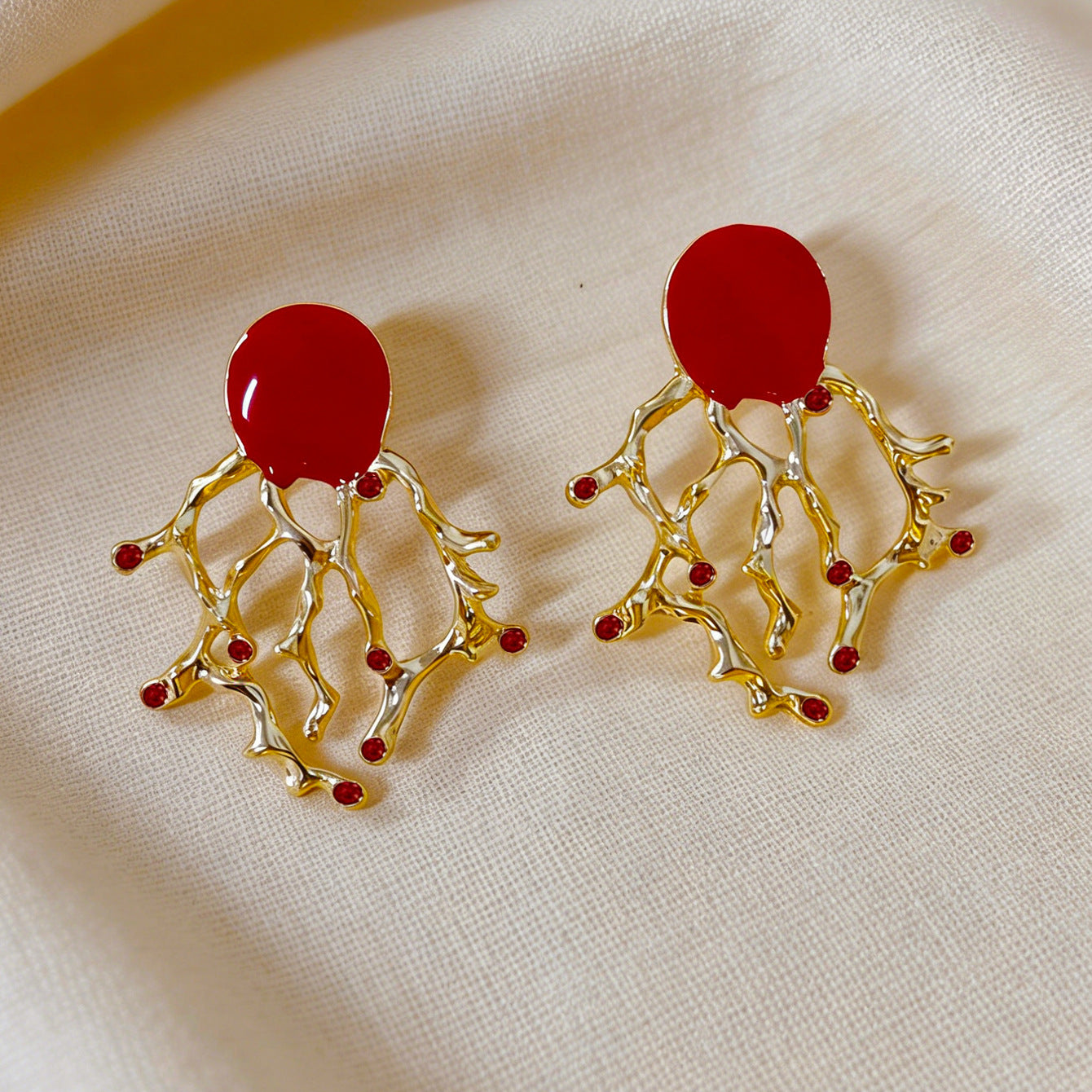 Coral Enamel Alloy Stud Earrings For Women In Golden Color