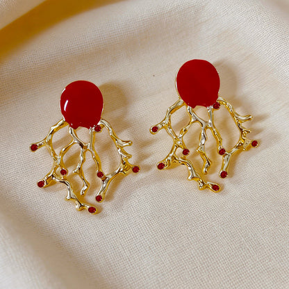 Coral Enamel Alloy Stud Earrings For Women In Golden Color