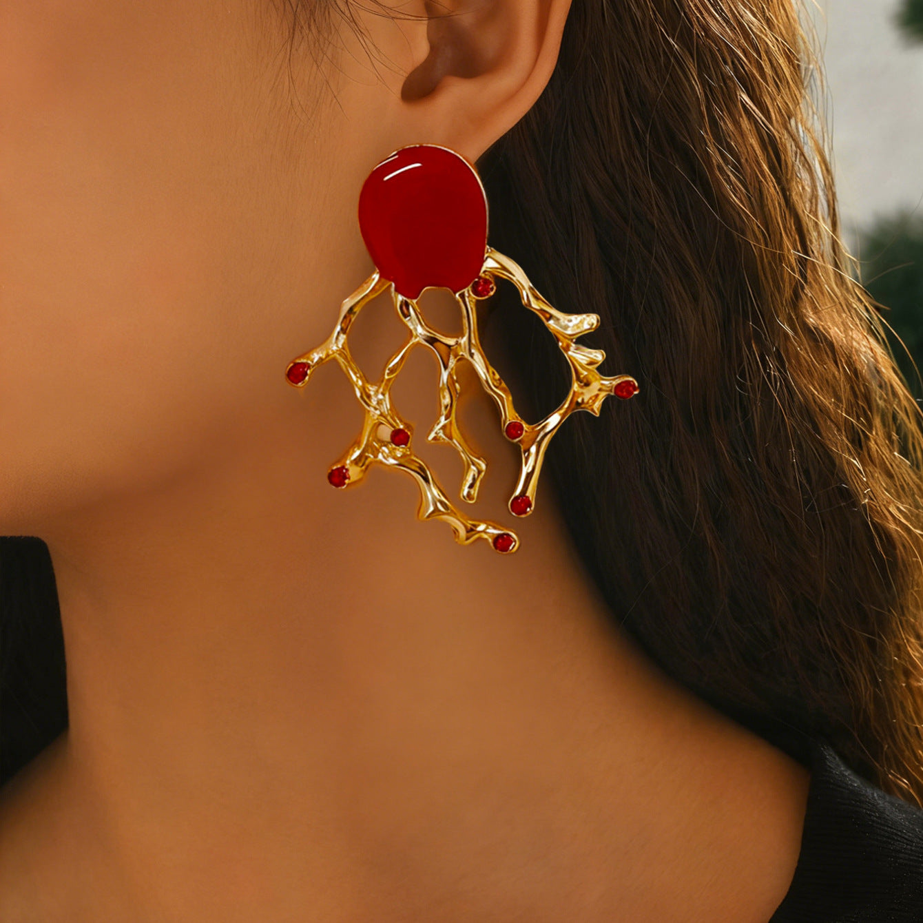 Coral Enamel Alloy Stud Earrings For Women In Golden Color