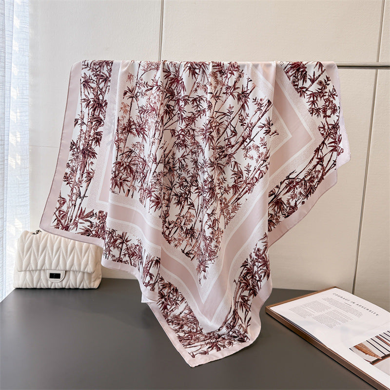 Silk Scarf In Wine Red Featuring Printing And Lines, Made Of Polyester, Perfect For Autumn