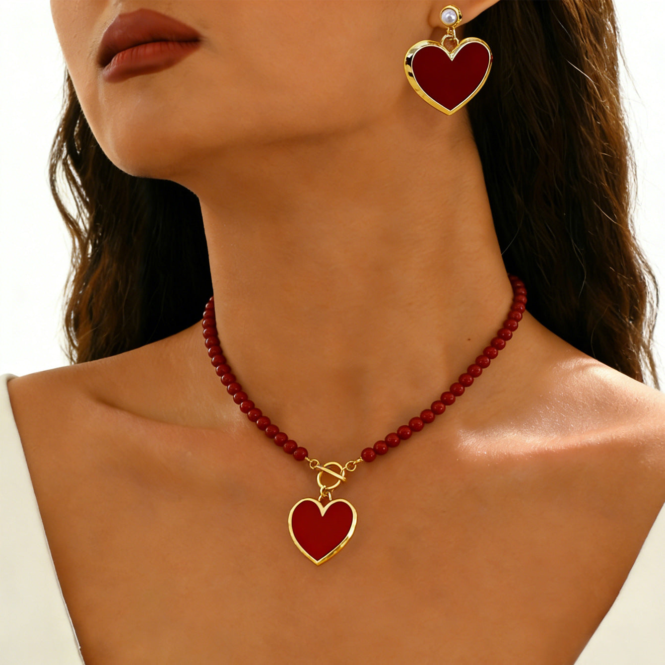 Heart Shape Jewelry Set With Imitation Pearl In Red, Elegant And Stylish Accessories