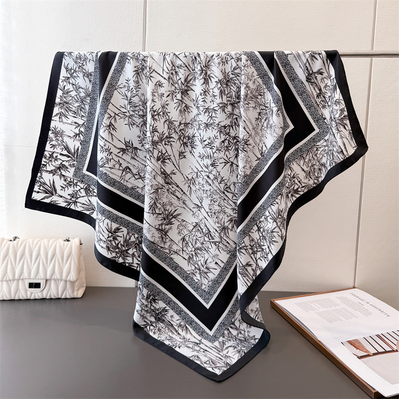 Silk Scarf In Wine Red Featuring Printing And Lines, Made Of Polyester, Perfect For Autumn
