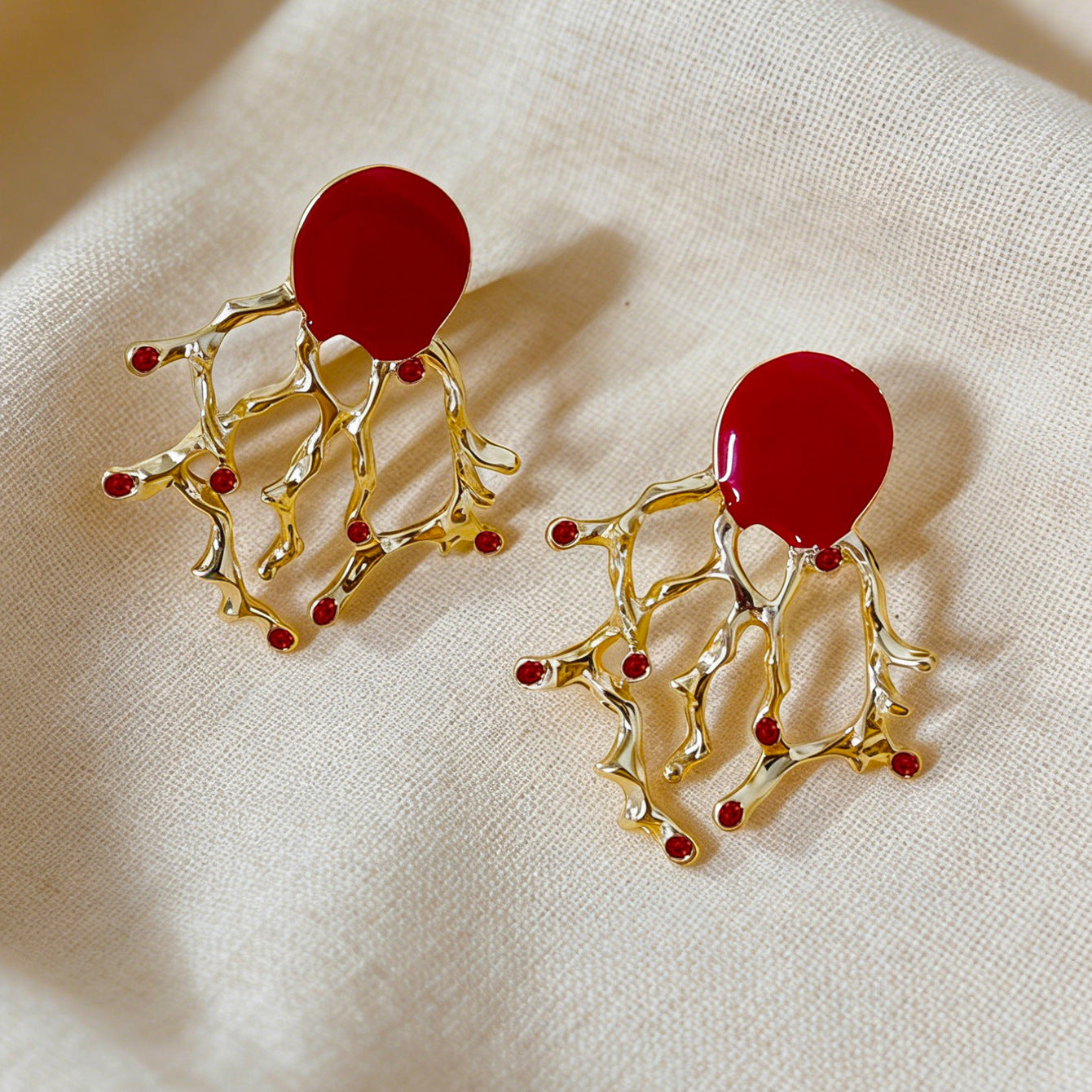 Coral Enamel Alloy Stud Earrings For Women In Golden Color