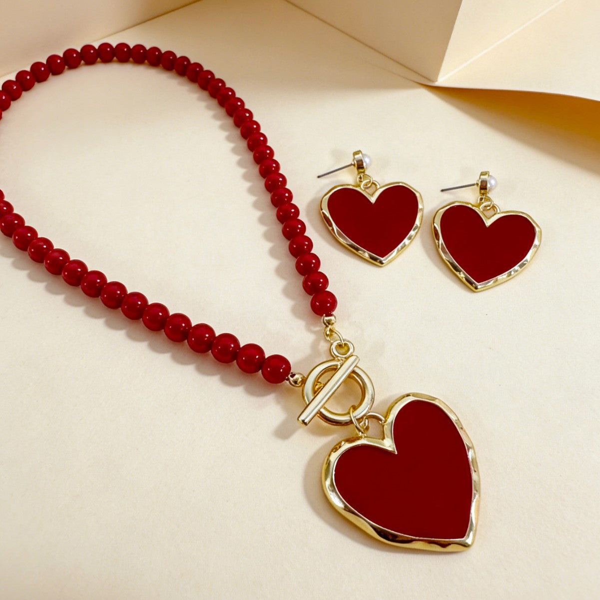 Heart Shape Jewelry Set With Imitation Pearl In Red, Elegant And Stylish Accessories