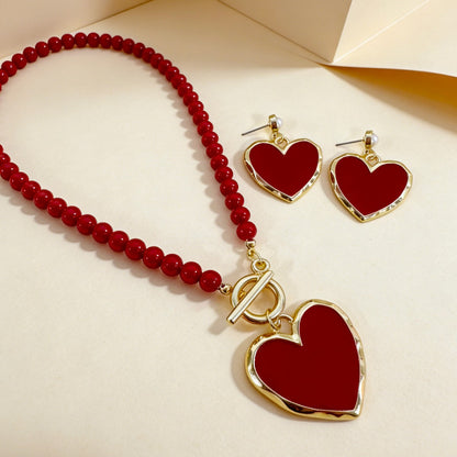 Heart Shape Jewelry Set With Imitation Pearl In Red, Elegant And Stylish Accessories