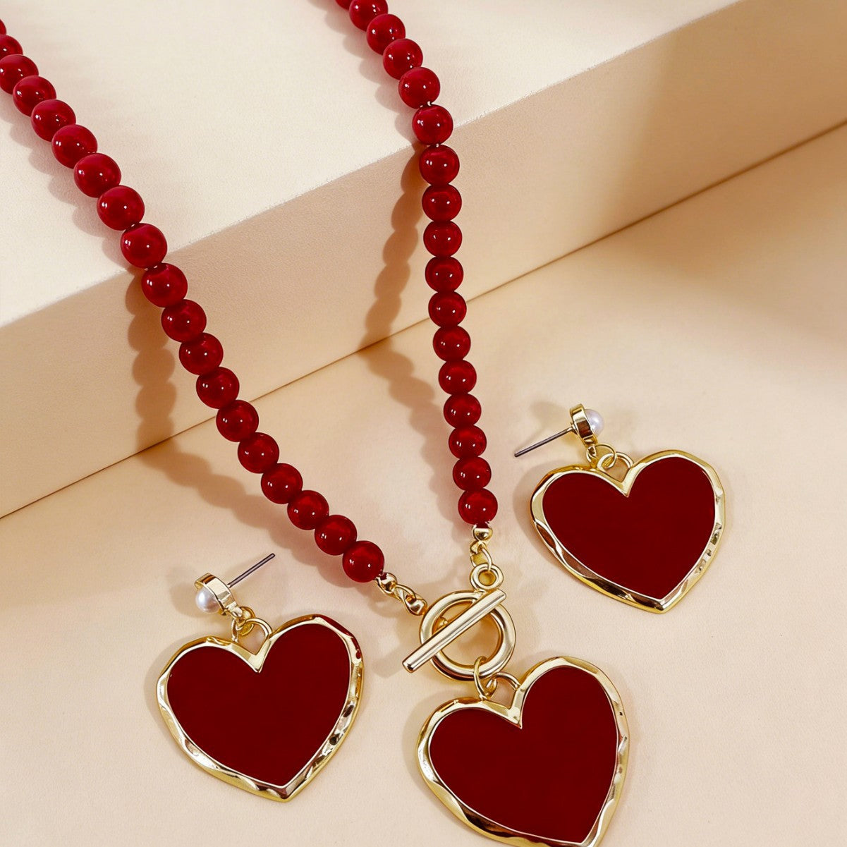 Heart Shape Jewelry Set With Imitation Pearl In Red, Elegant And Stylish Accessories