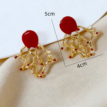 Coral Enamel Alloy Stud Earrings For Women In Golden Color