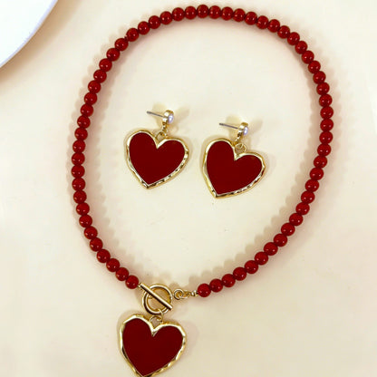Heart Shape Jewelry Set With Imitation Pearl In Red, Elegant And Stylish Accessories
