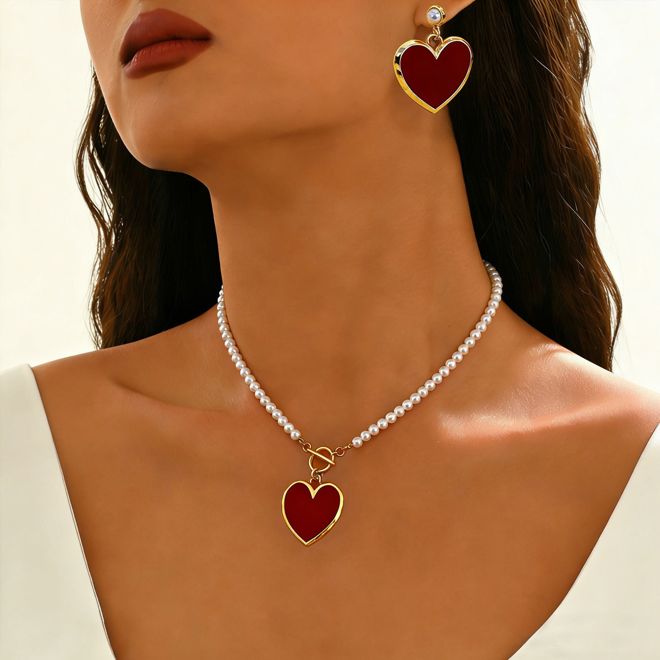 Heart Shape Jewelry Set With Imitation Pearl In White Featuring OT Clasp Toggle Clasp