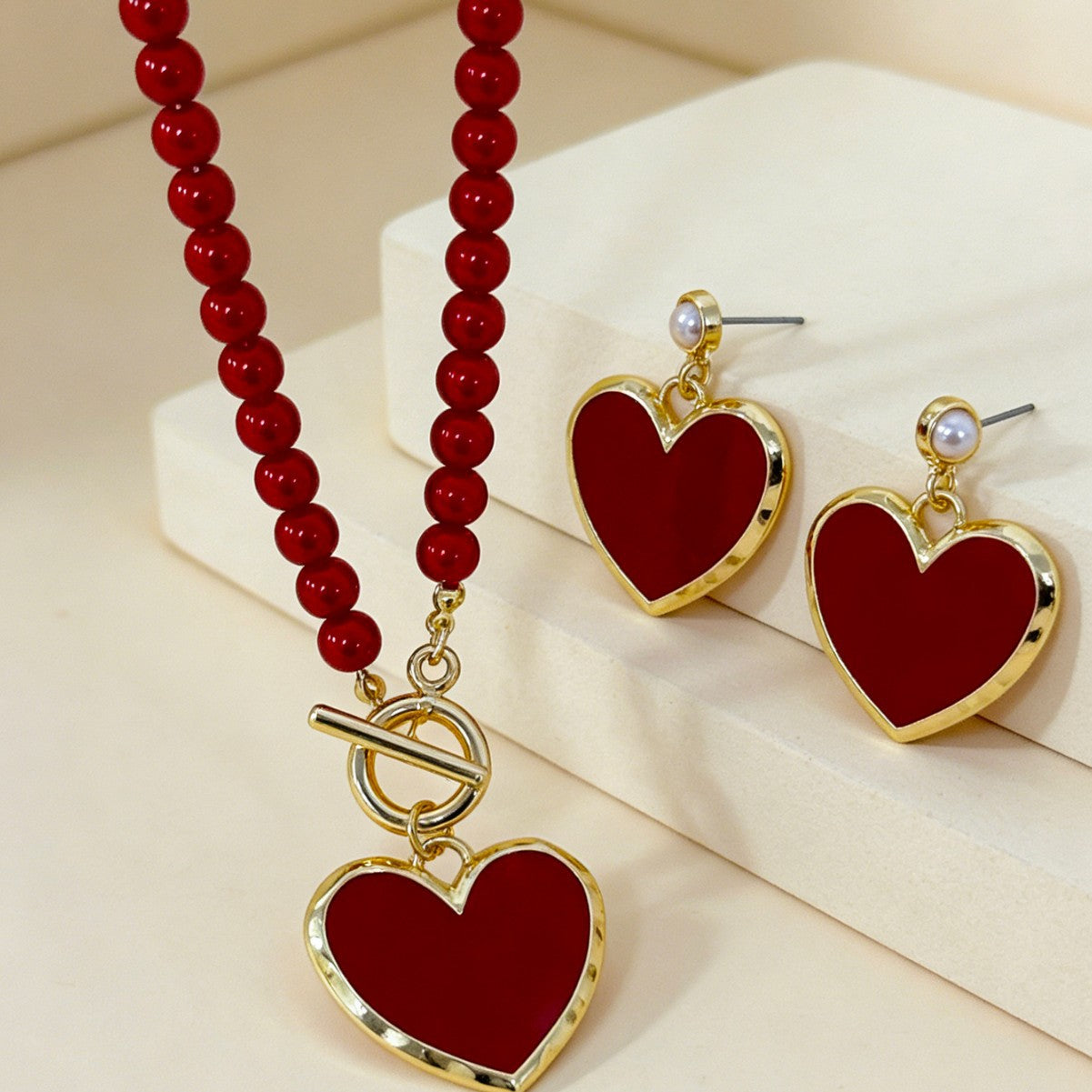 Heart Shape Jewelry Set With Imitation Pearl In Red, Elegant And Stylish Accessories