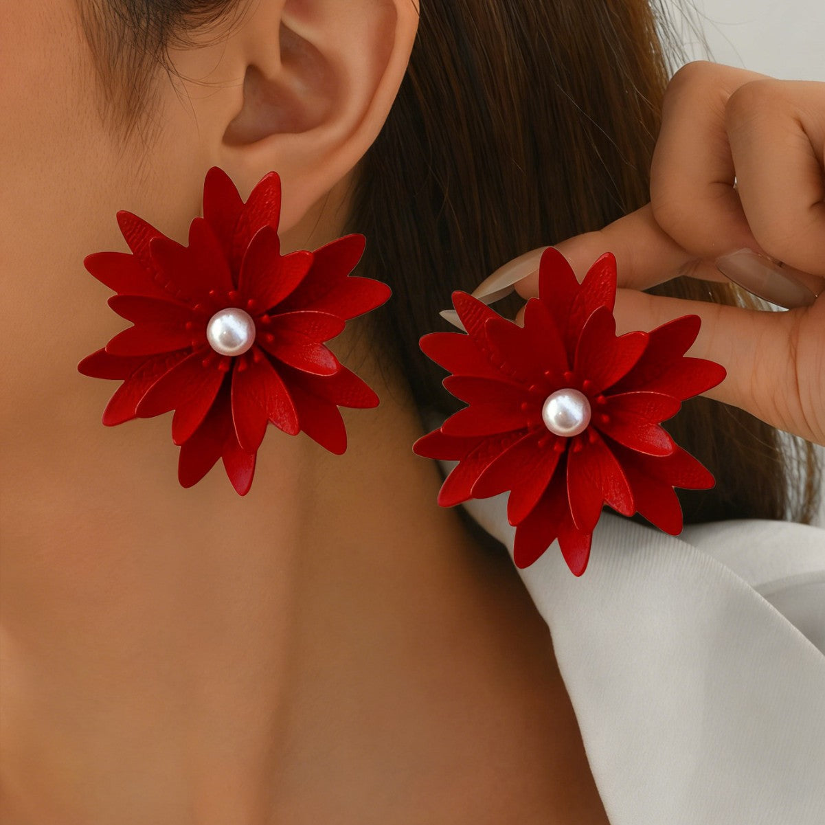 Retro Flowers Stud Earrings For Unisex Featuring Red Alloy Design