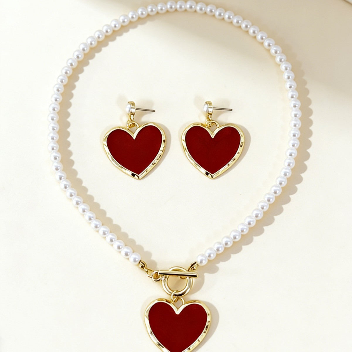 Heart Shape Jewelry Set With Imitation Pearl In White Featuring OT Clasp Toggle Clasp