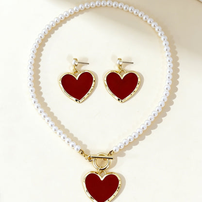 Heart Shape Jewelry Set With Imitation Pearl In White Featuring OT Clasp Toggle Clasp