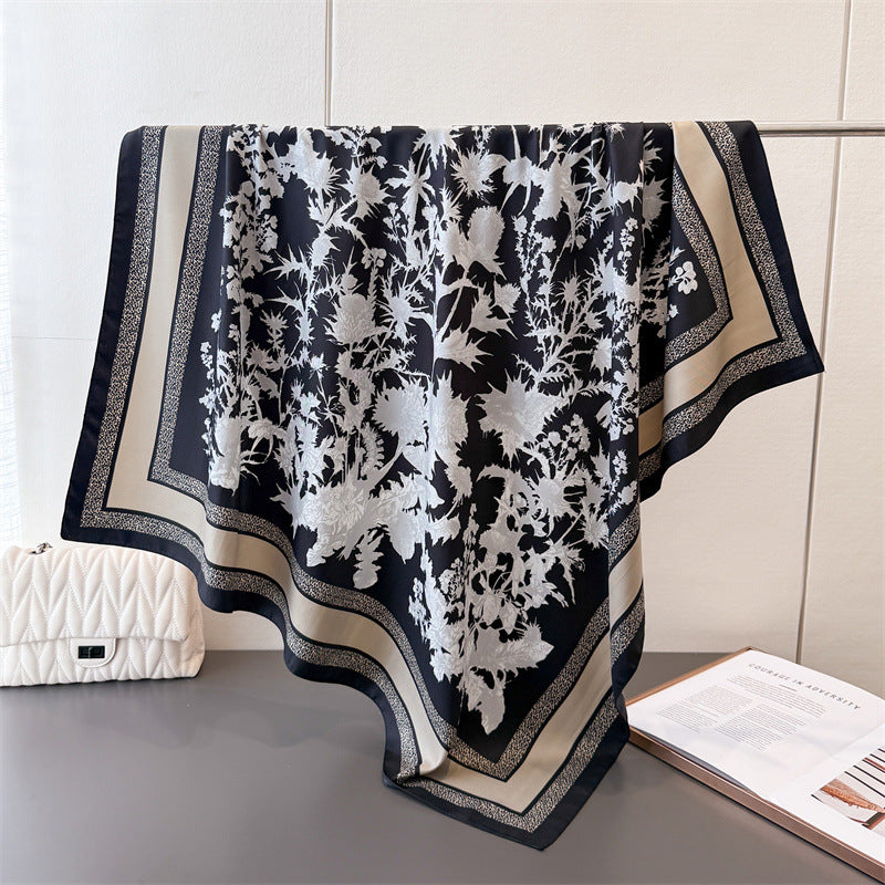 Silk Scarf In Wine Red Featuring Printing And Lines, Made Of Polyester, Perfect For Autumn