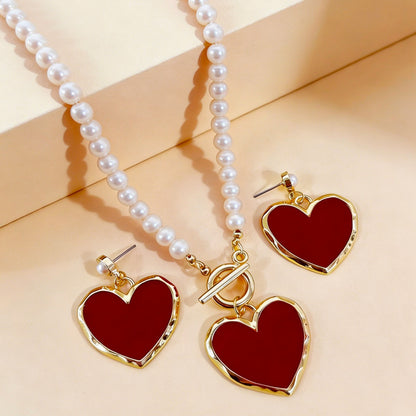 Heart Shape Jewelry Set With Imitation Pearl In White Featuring OT Clasp Toggle Clasp