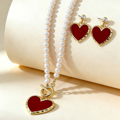 Heart Shape Jewelry Set With Imitation Pearl In White Featuring OT Clasp Toggle Clasp