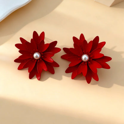 Retro Flowers Stud Earrings For Unisex Featuring Red Alloy Design