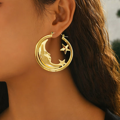 Exaggerated Golden Alloy Moon Earrings For Stylish Looks