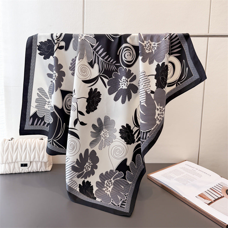 Silk Scarf In Wine Red Featuring Printing And Lines, Made Of Polyester, Perfect For Autumn
