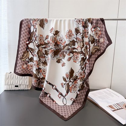 Silk Scarf In Wine Red Featuring Printing And Lines, Made Of Polyester, Perfect For Autumn