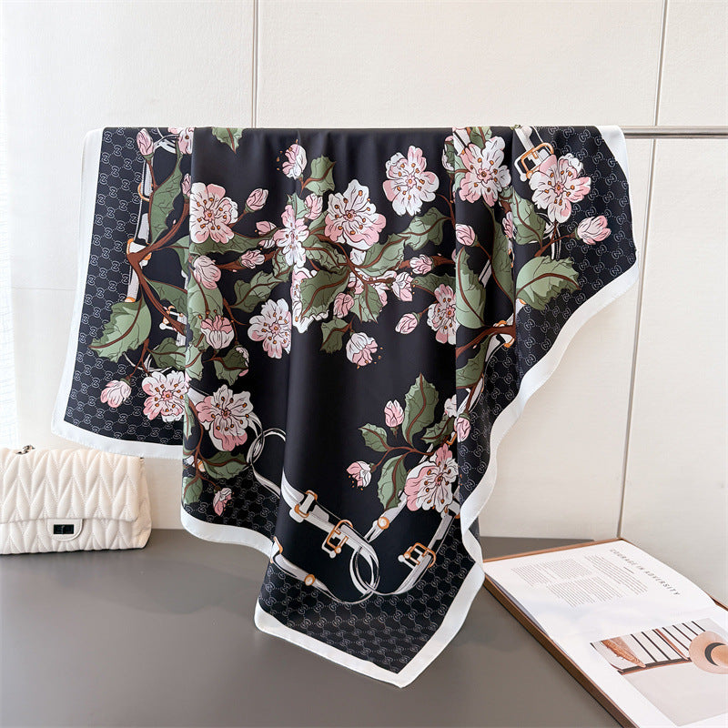 Silk Scarf In Wine Red Featuring Printing And Lines, Made Of Polyester, Perfect For Autumn