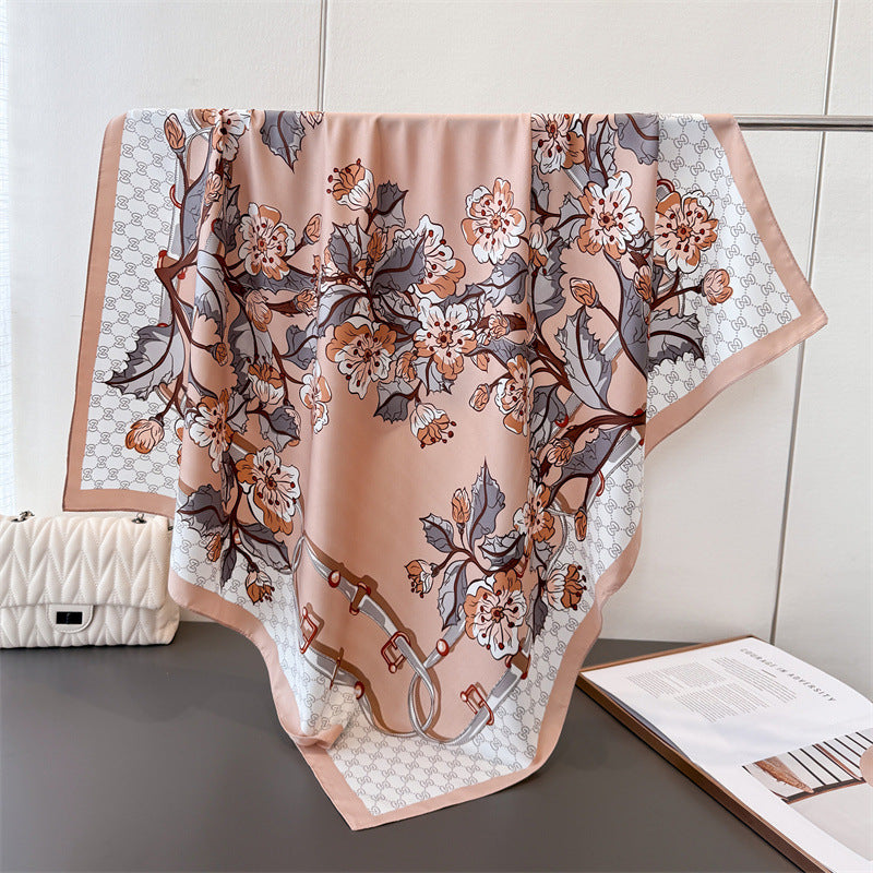 Silk Scarf In Wine Red Featuring Printing And Lines, Made Of Polyester, Perfect For Autumn