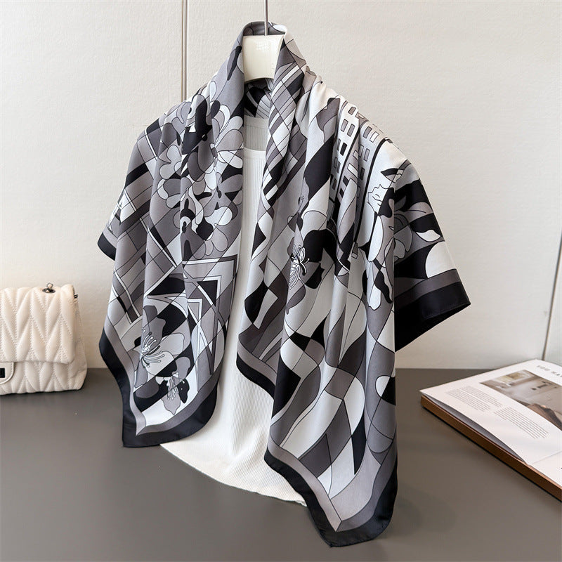 Silk Scarf In Wine Red Featuring Printing And Lines, Made Of Polyester, Perfect For Autumn