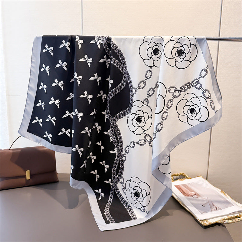 Silk Scarf In Wine Red Featuring Printing And Lines, Made Of Polyester, Perfect For Autumn