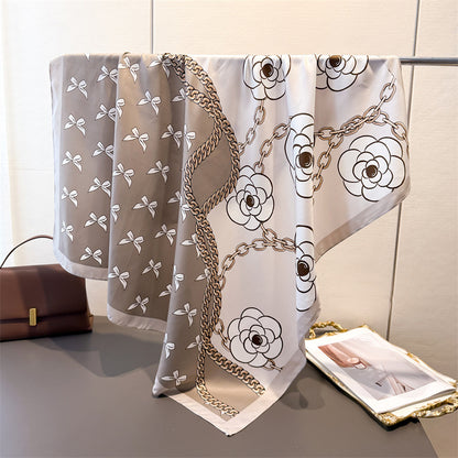Silk Scarf In Wine Red Featuring Printing And Lines, Made Of Polyester, Perfect For Autumn
