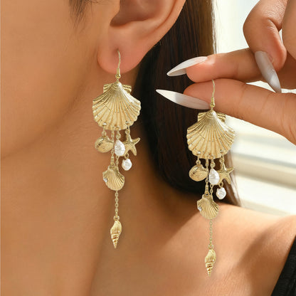 For Women Golden Marine Style Shell Drop Earrings Made Of Alloy