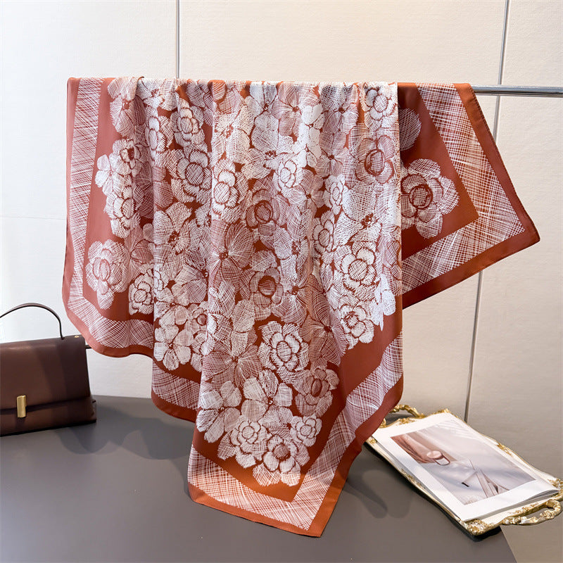 Silk Scarf In Wine Red Featuring Printing And Lines, Made Of Polyester, Perfect For Autumn