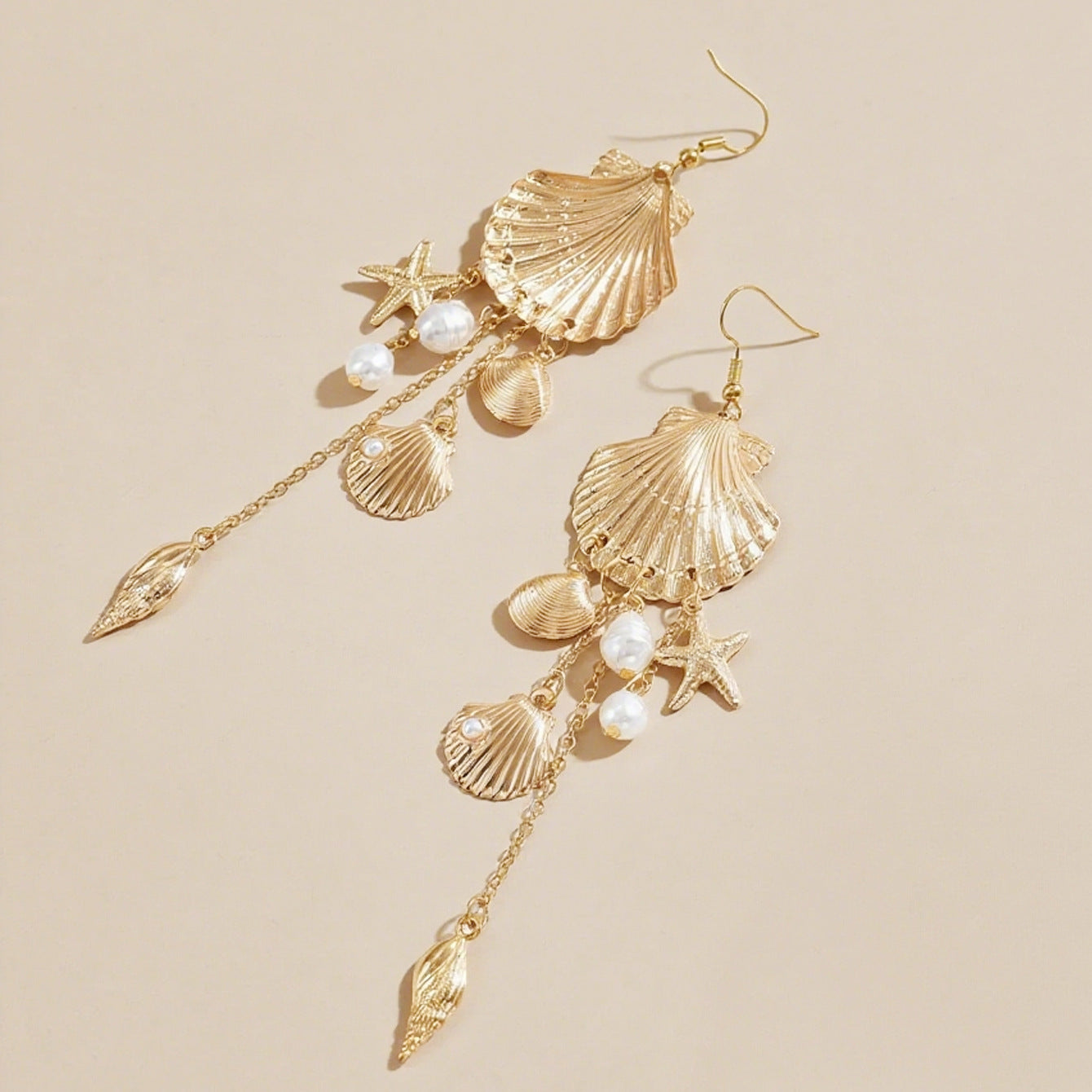 For Women Golden Marine Style Shell Drop Earrings Made Of Alloy