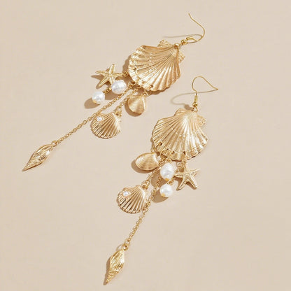 For Women Golden Marine Style Shell Drop Earrings Made Of Alloy