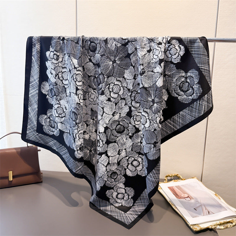 Silk Scarf In Wine Red Featuring Printing And Lines, Made Of Polyester, Perfect For Autumn